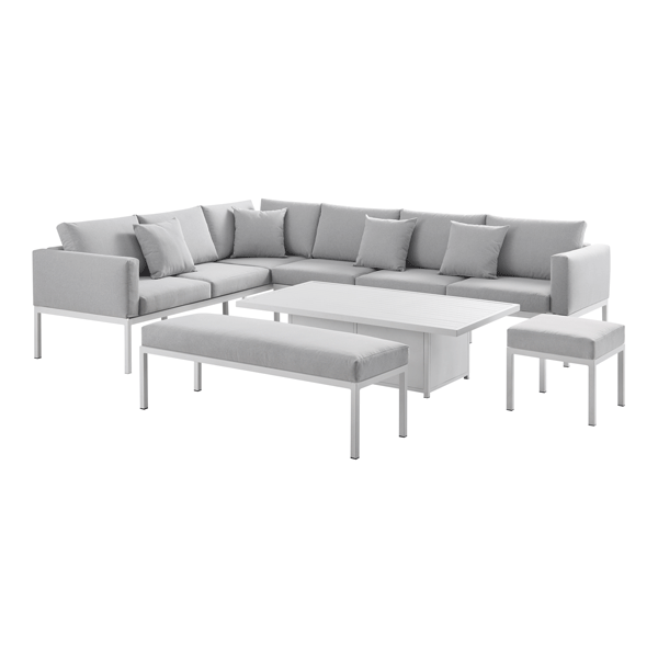 Ensemble de salle à manger d'angle Calabasas, grand format, en tissu et aluminium, avec table relevable, gris clair