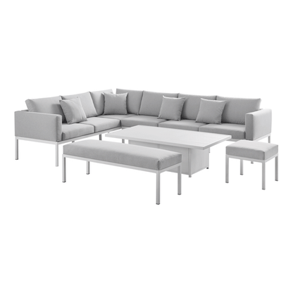 Ensemble de salle à manger d'angle Calabasas, grand format, en tissu et aluminium, avec table relevable, gris clair