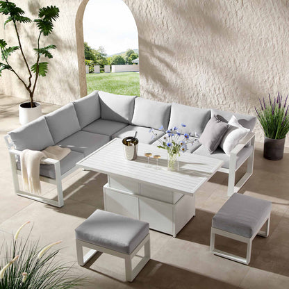 Ensemble de salle à manger d'angle décontracté Albany en aluminium avec table relevable, blanc