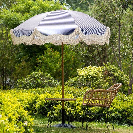 Parasol à franges inclinable à rayures bleues et blanches Gabriel