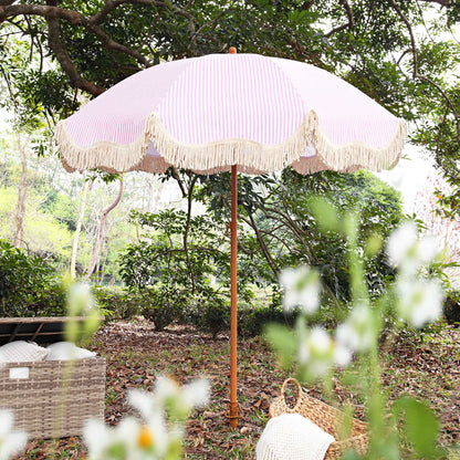 Parasol à franges inclinable à rayures roses et blanches Gabriel