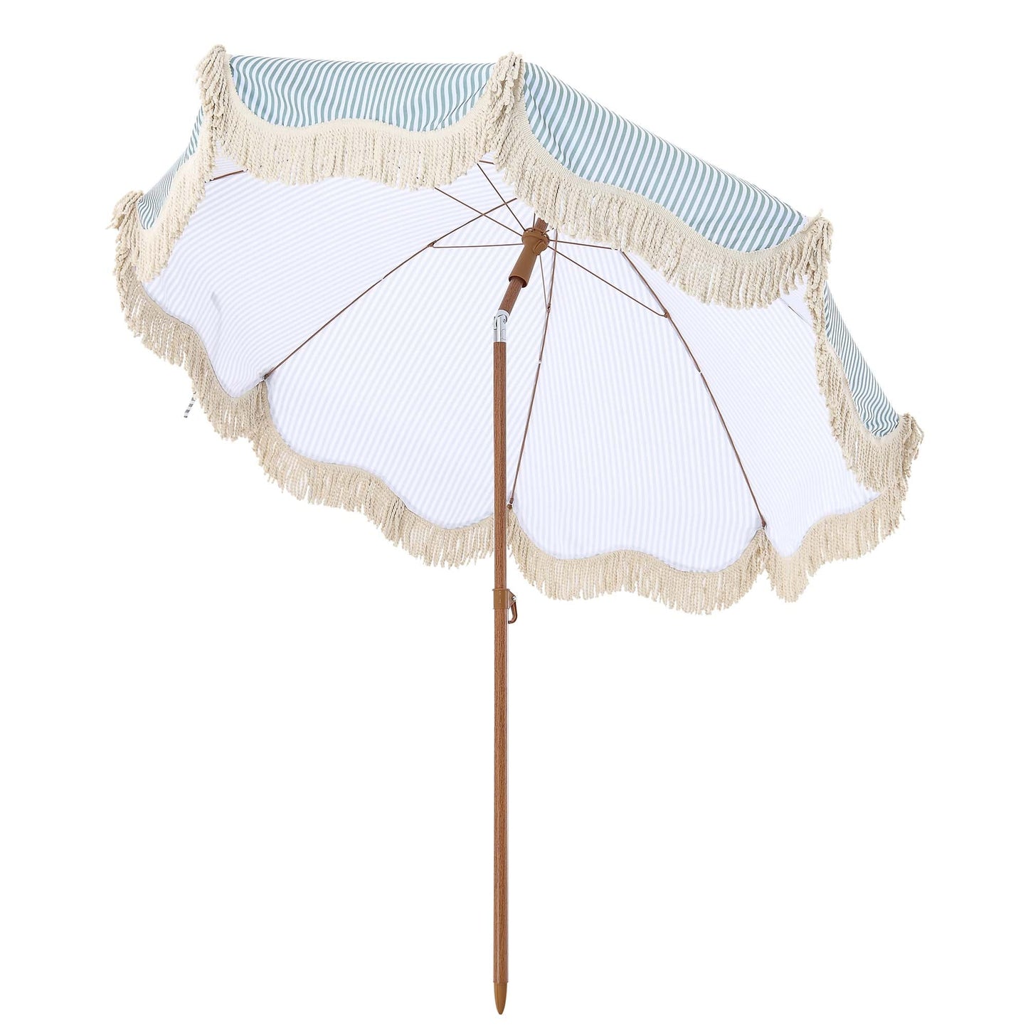 Parasol à franges inclinable à rayures vert sauge et blanc Gabriel