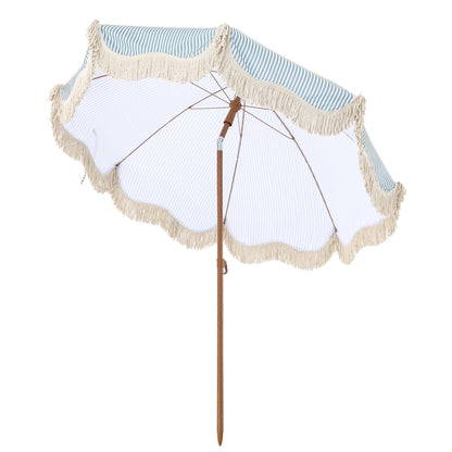 Parasol à franges inclinable à rayures vert sauge et blanc Gabriel