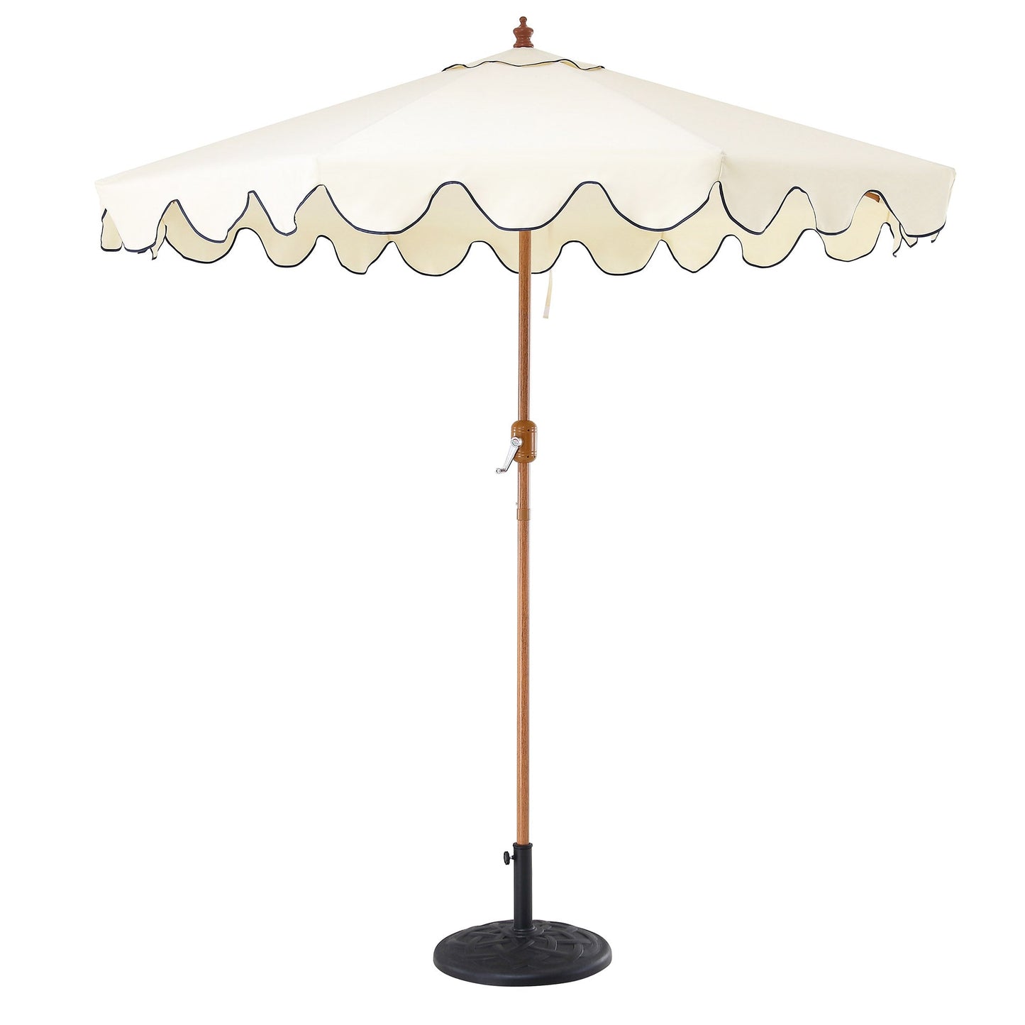 Parasol octogonal beige de 2,6 m à manivelle et inclinable avec bord festonné bleu marine
