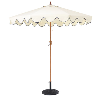 Parasol octogonal beige de 2,6 m à manivelle et inclinable avec bord festonné bleu marine