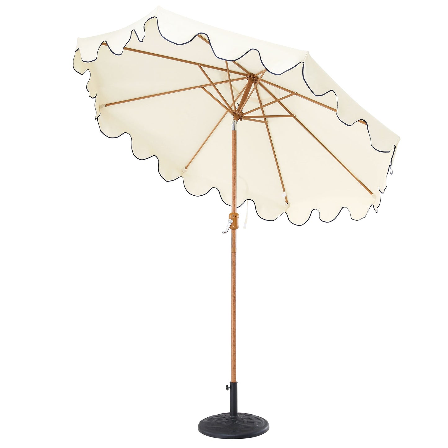 Parasol octogonal beige de 2,6 m à manivelle et inclinable avec bord festonné bleu marine