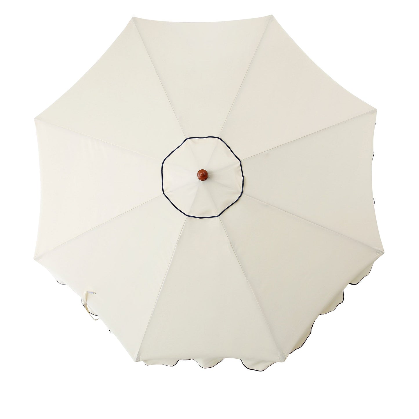 Parasol octogonal beige de 2,6 m à manivelle et inclinable avec bord festonné bleu marine