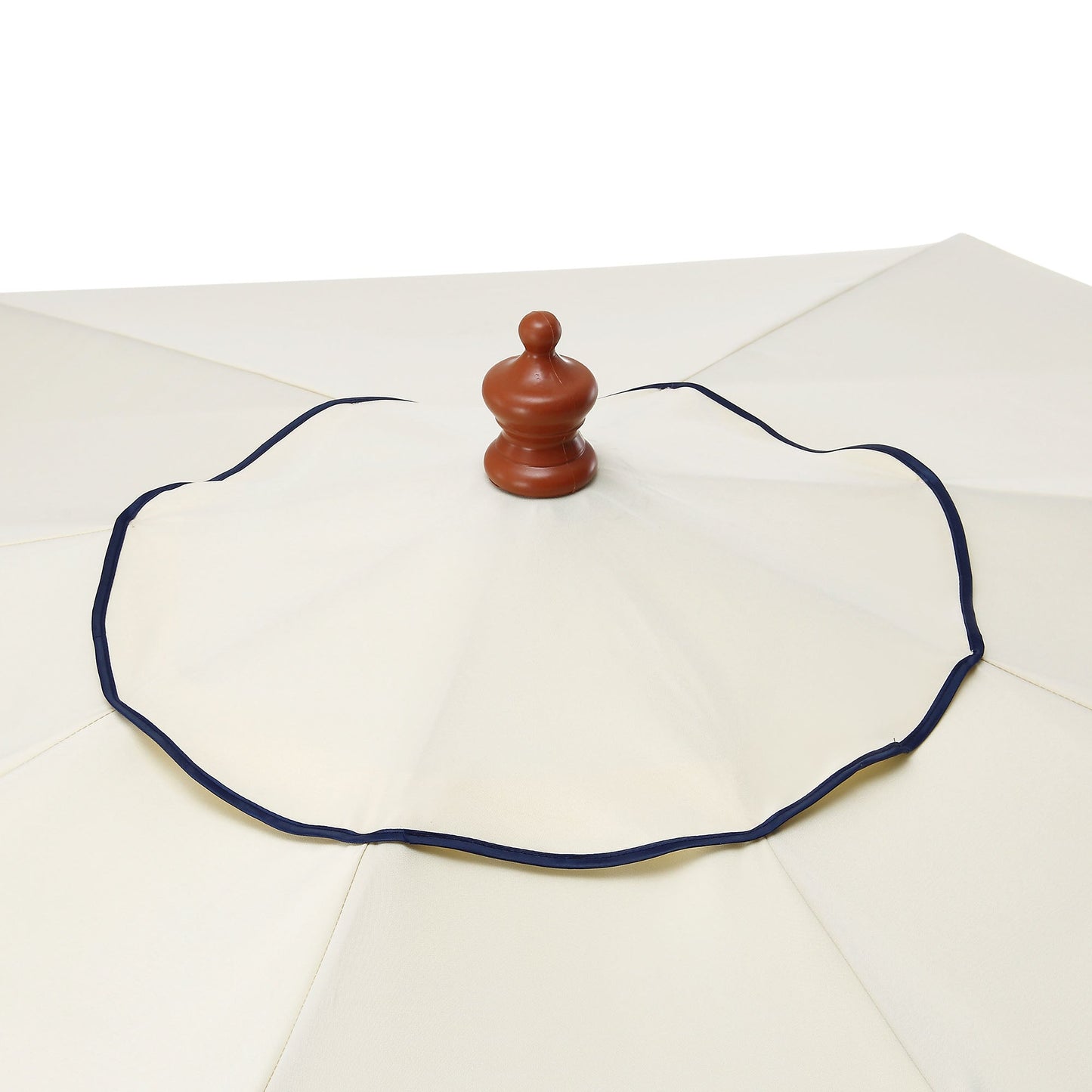 Parasol octogonal beige de 2,6 m à manivelle et inclinable avec bord festonné bleu marine