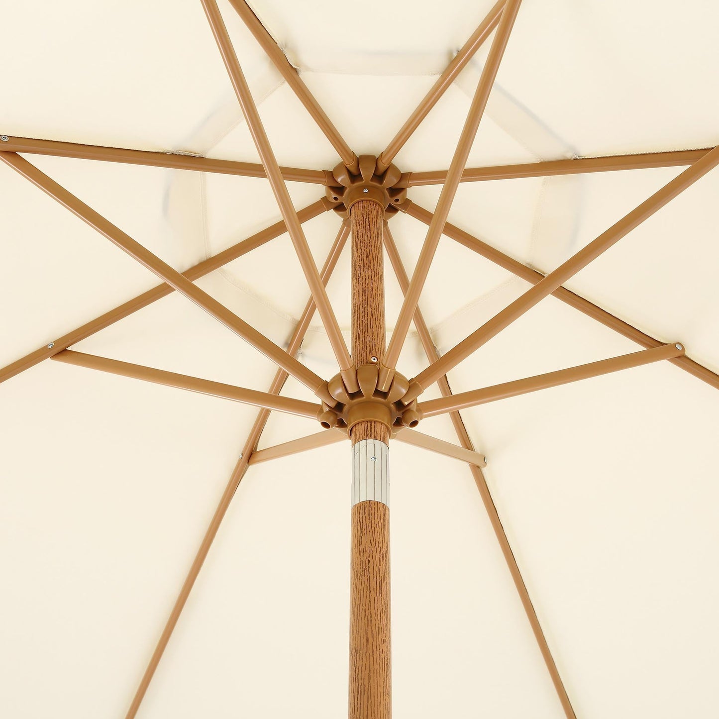 Parasol octogonal beige de 2,6 m à manivelle et inclinable avec bord festonné bleu marine