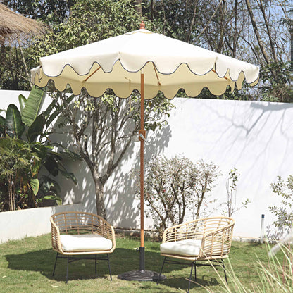 Parasol octogonal beige de 2,6 m à manivelle et inclinable avec bord festonné bleu marine