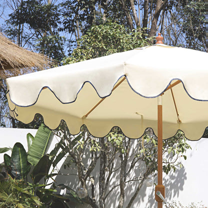 Parasol octogonal beige de 2,6 m à manivelle et inclinable avec bord festonné bleu marine