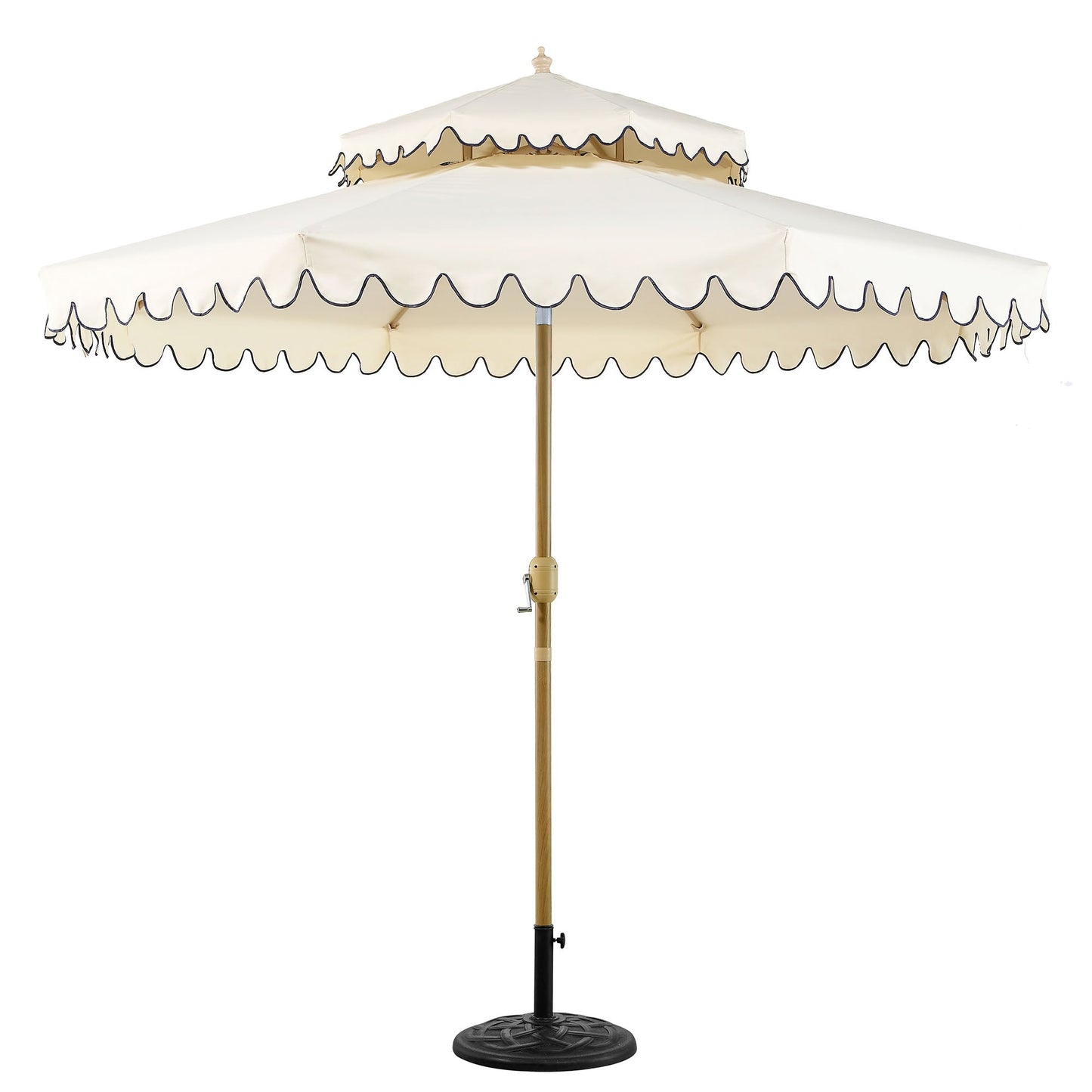 Parasol octogonal Fabienne Beige 3M à double manivelle et inclinable avec bord festonné bleu marine