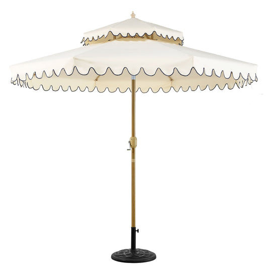 Parasol octogonal Fabienne Beige 3M à double manivelle et inclinable avec bord festonné bleu marine