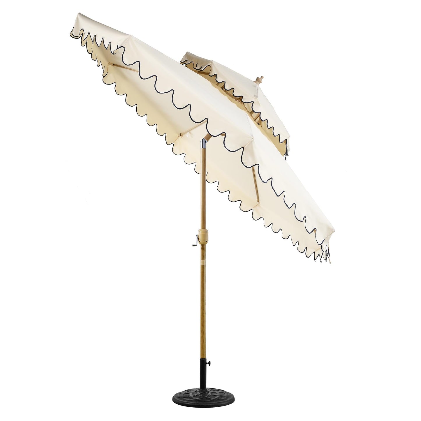 Parasol octogonal Fabienne Beige 3M à double manivelle et inclinable avec bord festonné bleu marine