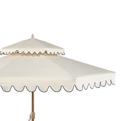 Parasol octogonal Fabienne Beige 3M à double manivelle et inclinable avec bord festonné bleu marine