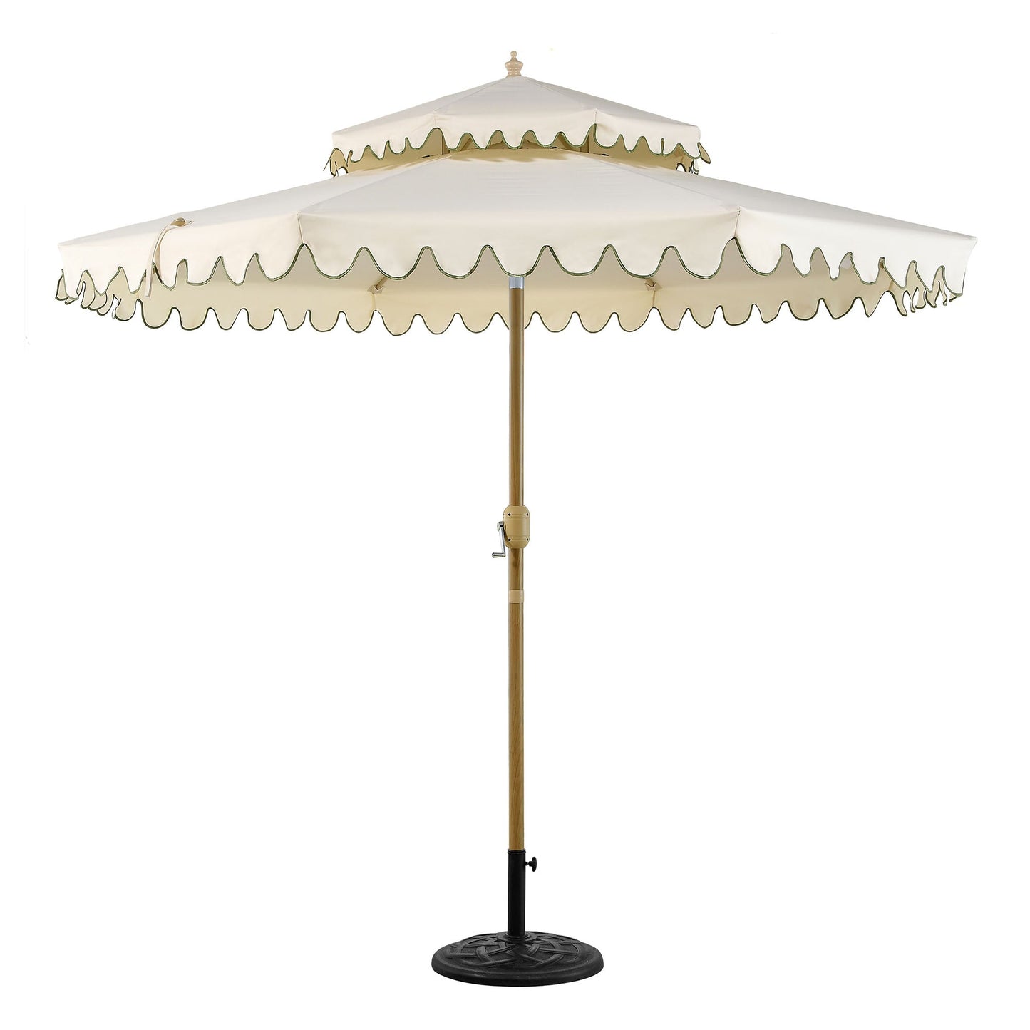 Parasol octogonal Fabienne Beige 3M à double manivelle et inclinable avec bord festonné vert