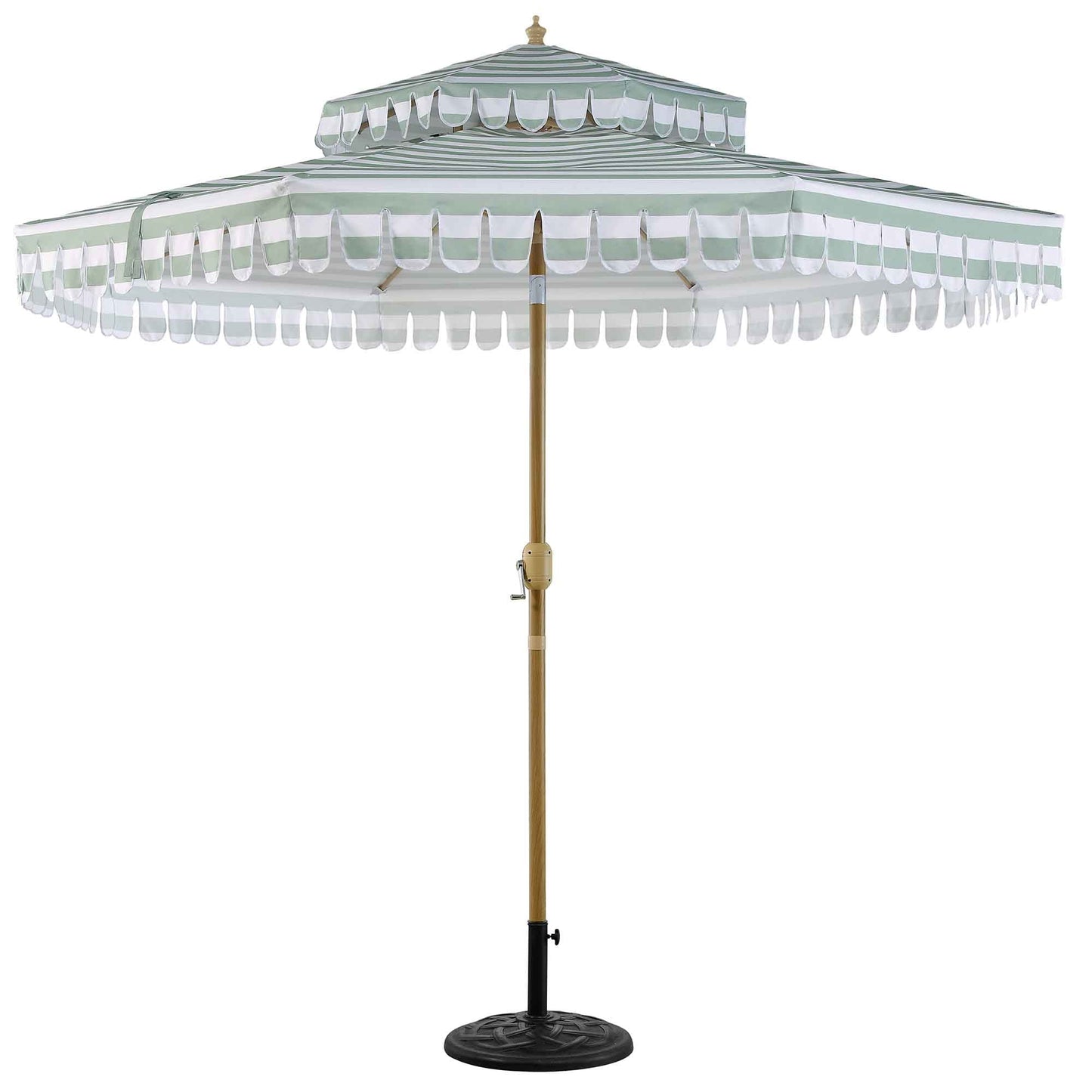 Parasol Fabienne à double manivelle et inclinable, vert sauge et blanc, 3M
