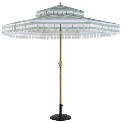 Parasol Fabienne à double manivelle et inclinable, vert sauge et blanc, 3M
