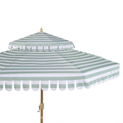 Parasol Fabienne à double manivelle et inclinable, vert sauge et blanc, 3M