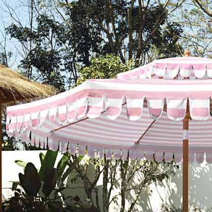 Parasol Fabienne à double manivelle et inclinable à rayures roses et blanches 3M