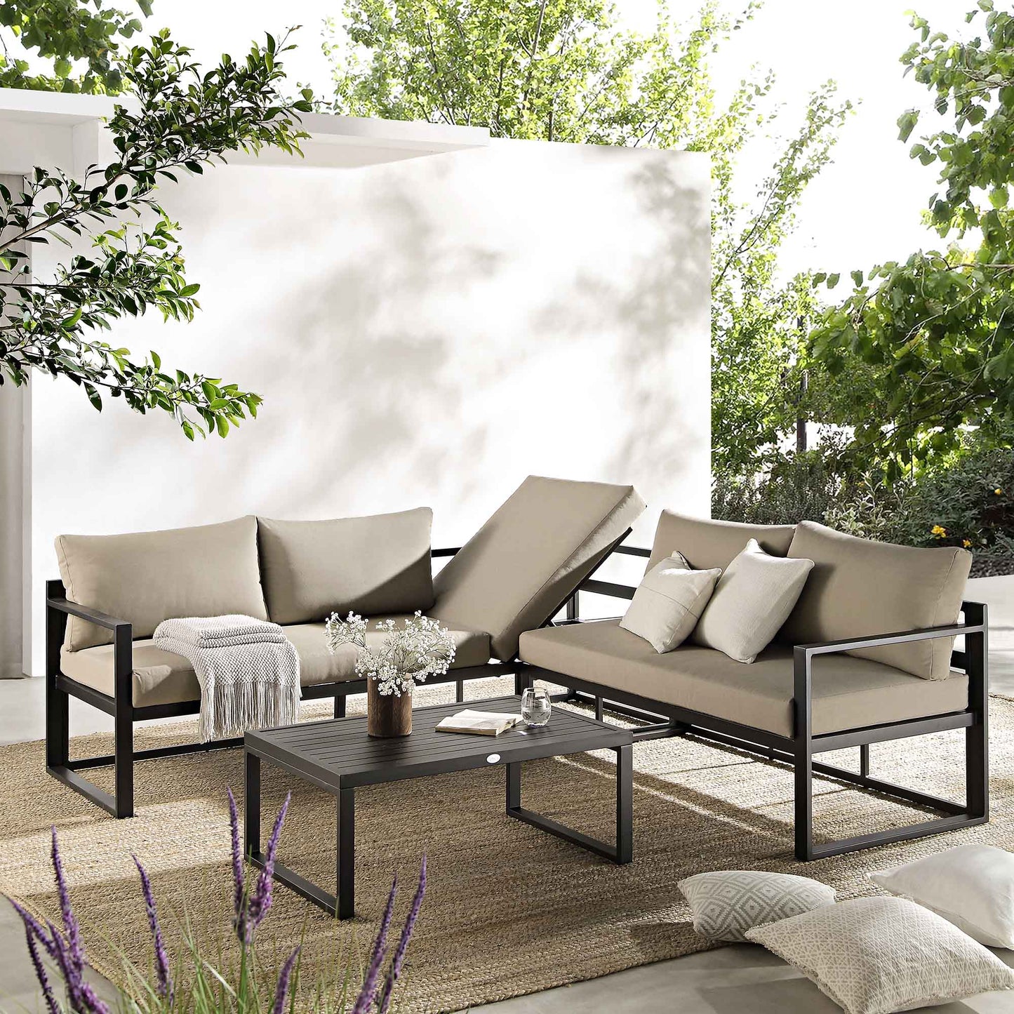Ensemble de canapés d'angle Albany en aluminium avec dossier inclinable et table basse, taupe