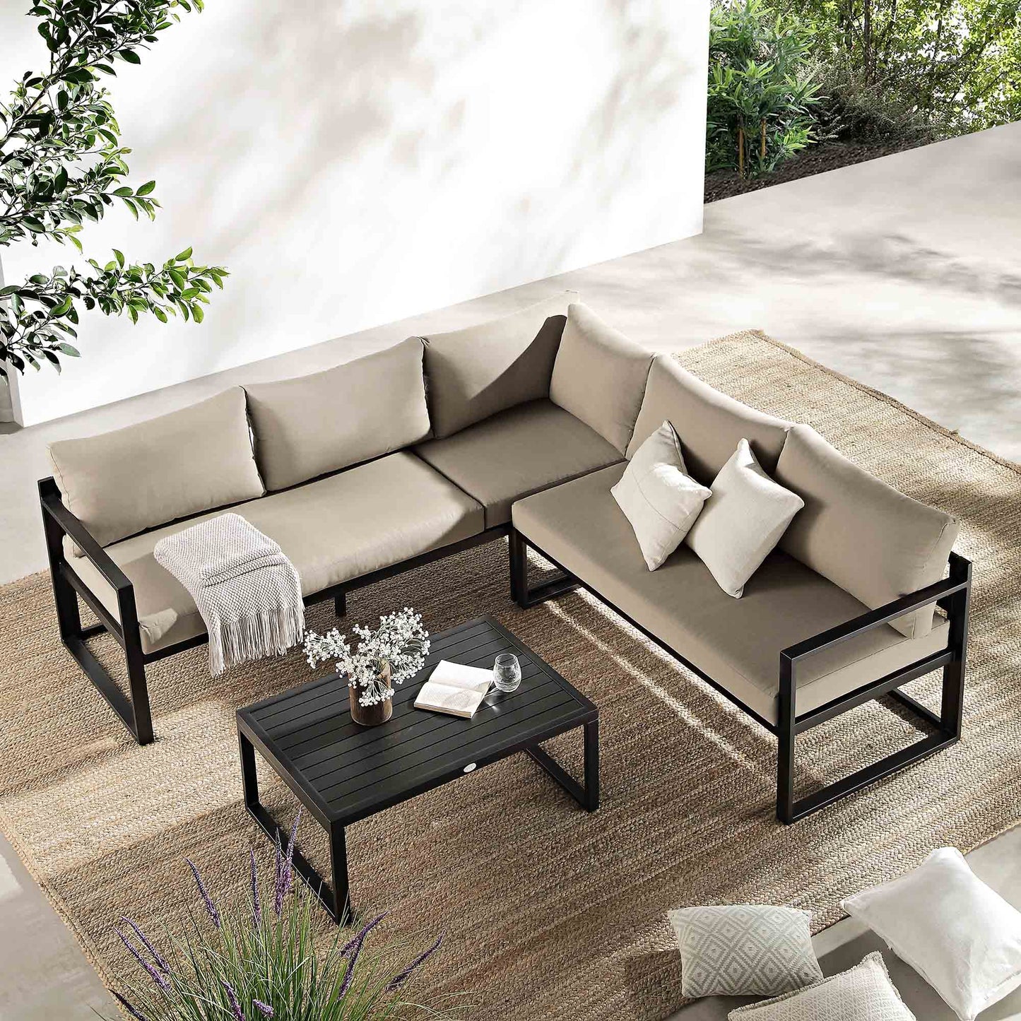 Ensemble de canapés d'angle Albany en aluminium avec dossier inclinable et table basse, taupe