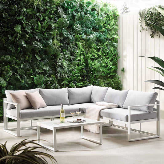 Ensemble de canapés d'angle Albany en aluminium avec dossier inclinable et table basse, blanc
