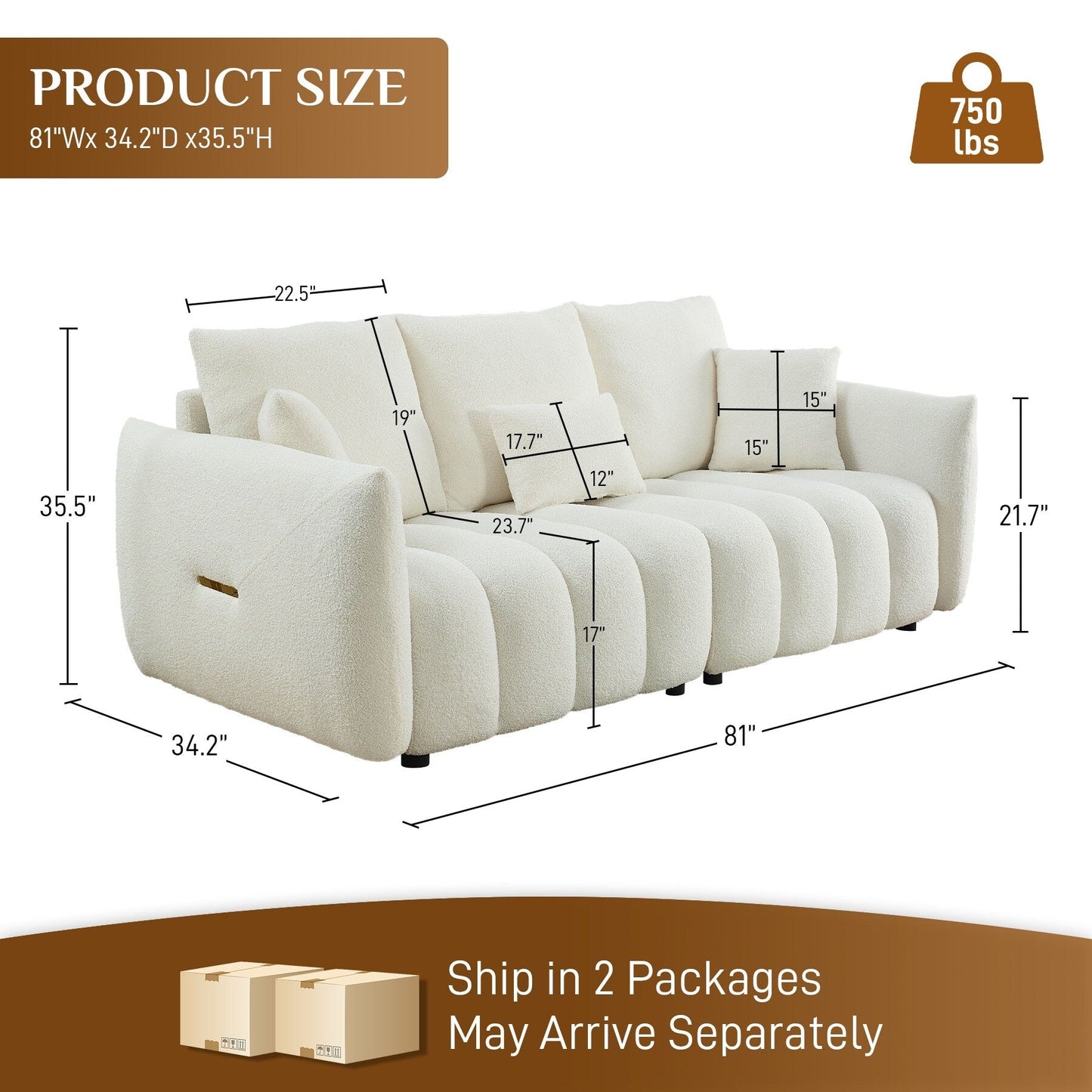 Canapé Ouyessir rembourré en tissu doux avec 3 coussins