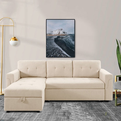 Canapé d'angle réversible avec lit gigogne, méridienne avec rangement dissimulé, pieds robustes.