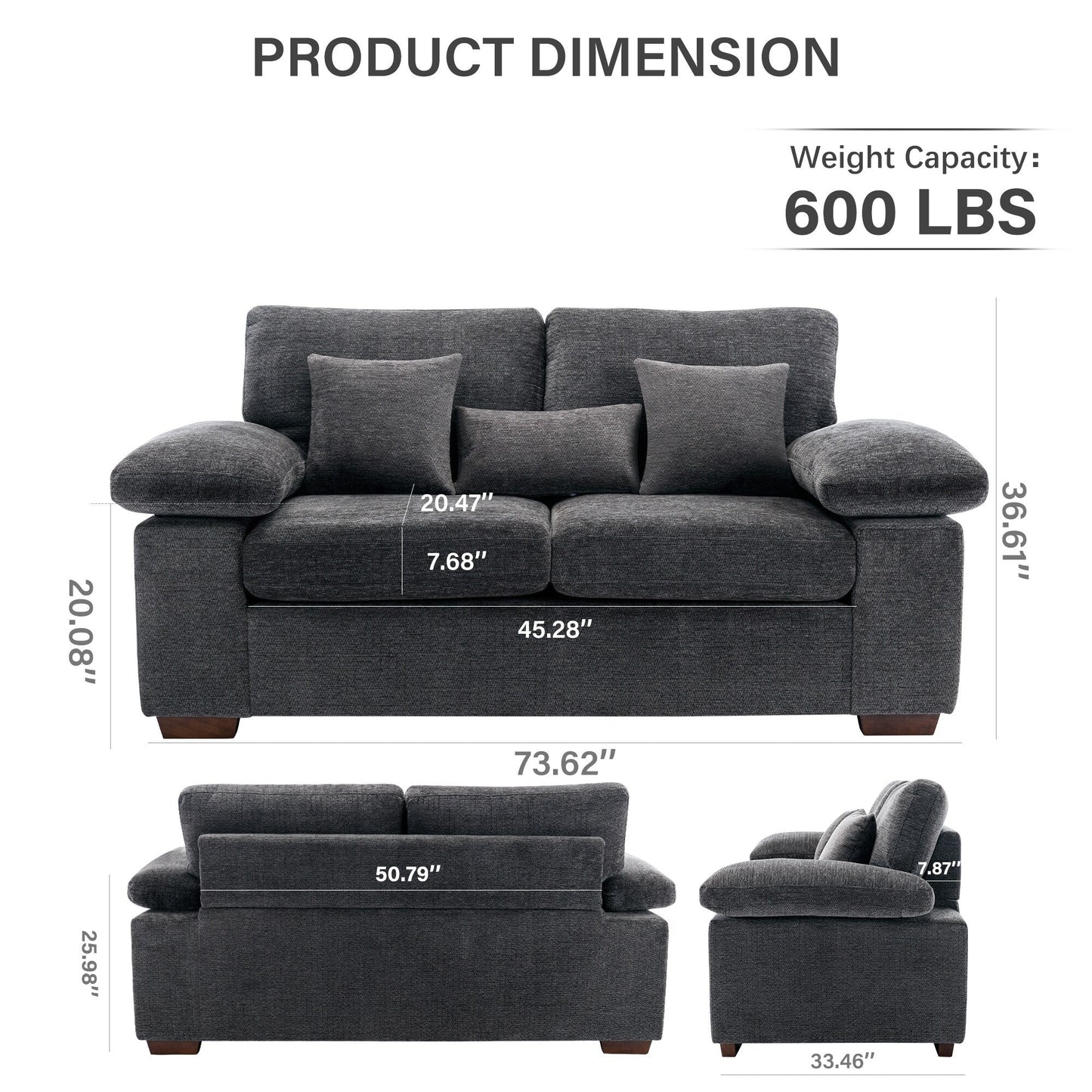 Canapé 2 places en chenille pelucheuse 73 pouces - Comprend 3 oreillers et un coussin de dossier amovible en prime - Canapé 2 places de salon
