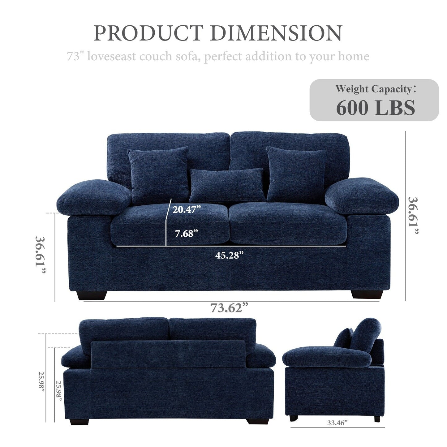 Canapé 2 places en chenille pelucheuse 73 pouces - Comprend 3 oreillers et un coussin de dossier amovible en prime - Canapé 2 places de salon