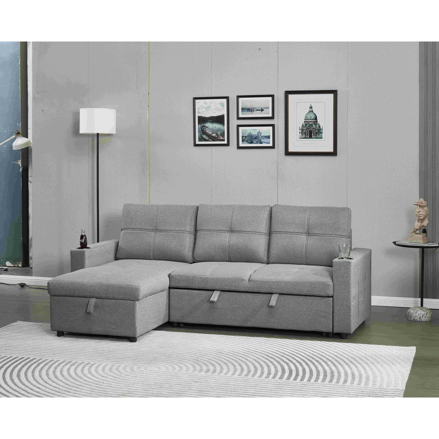 Canapé sectionnel en lin, chaise longue réversible avec lit gigogne