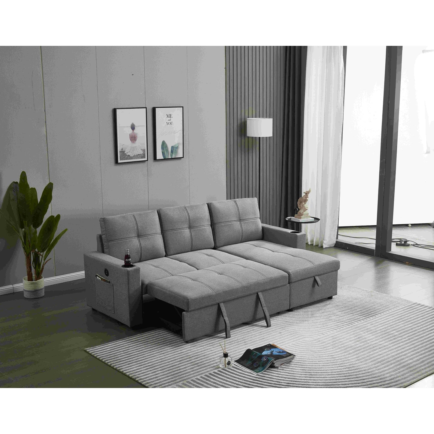 Canapé sectionnel en lin, chaise longue réversible avec lit gigogne