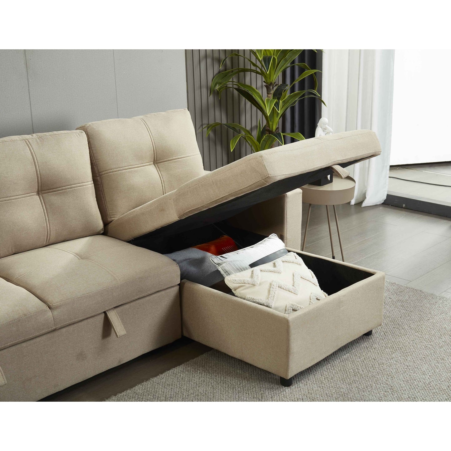 Canapé sectionnel en lin, chaise longue réversible avec lit gigogne