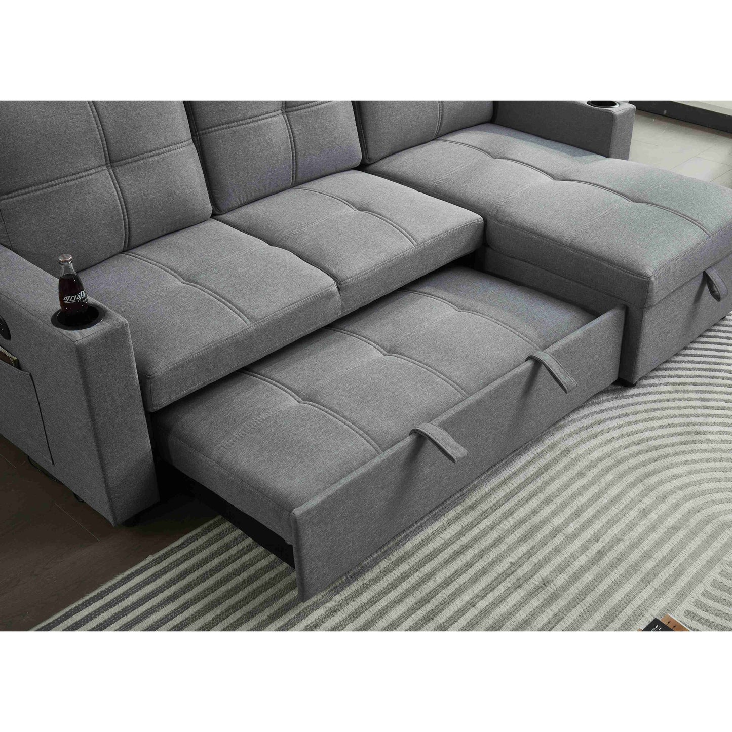 Canapé sectionnel en lin, chaise longue réversible avec lit gigogne
