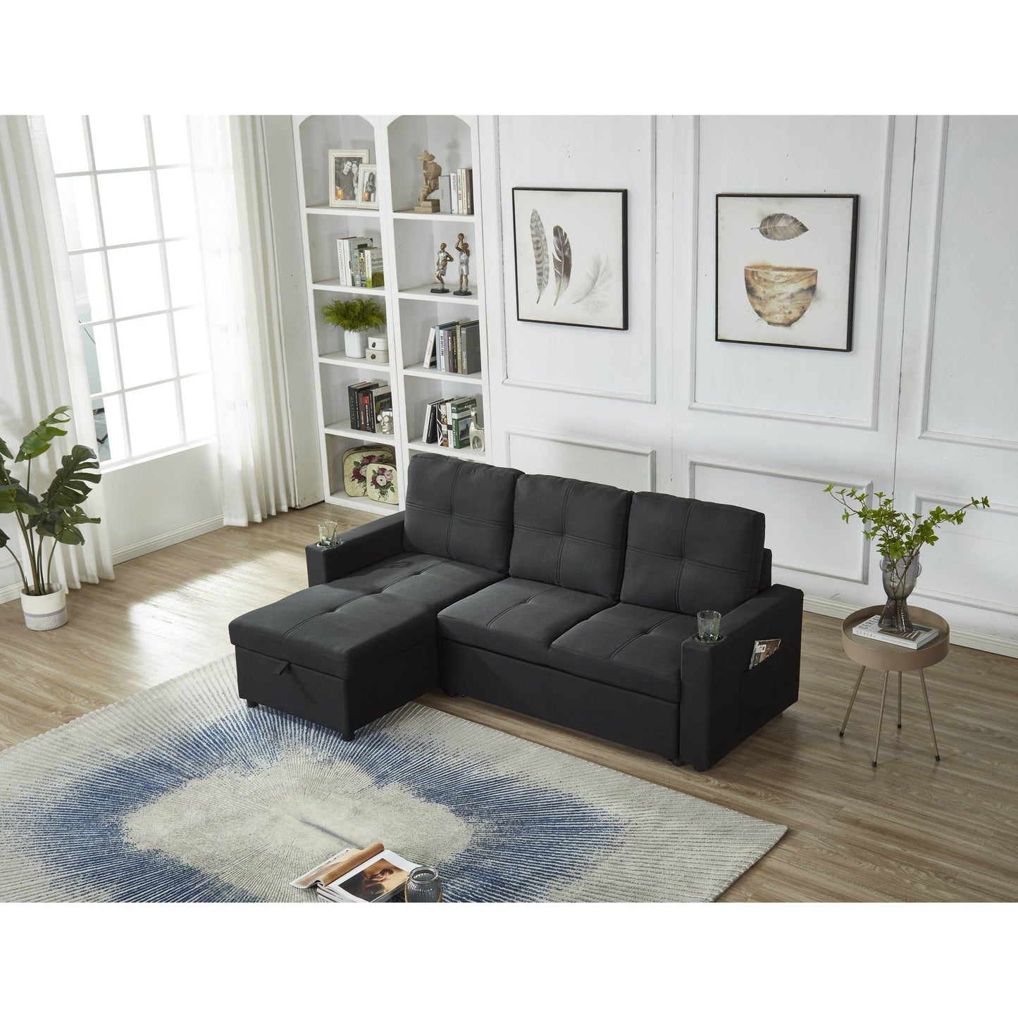 Canapé sectionnel en lin, chaise longue réversible avec lit gigogne