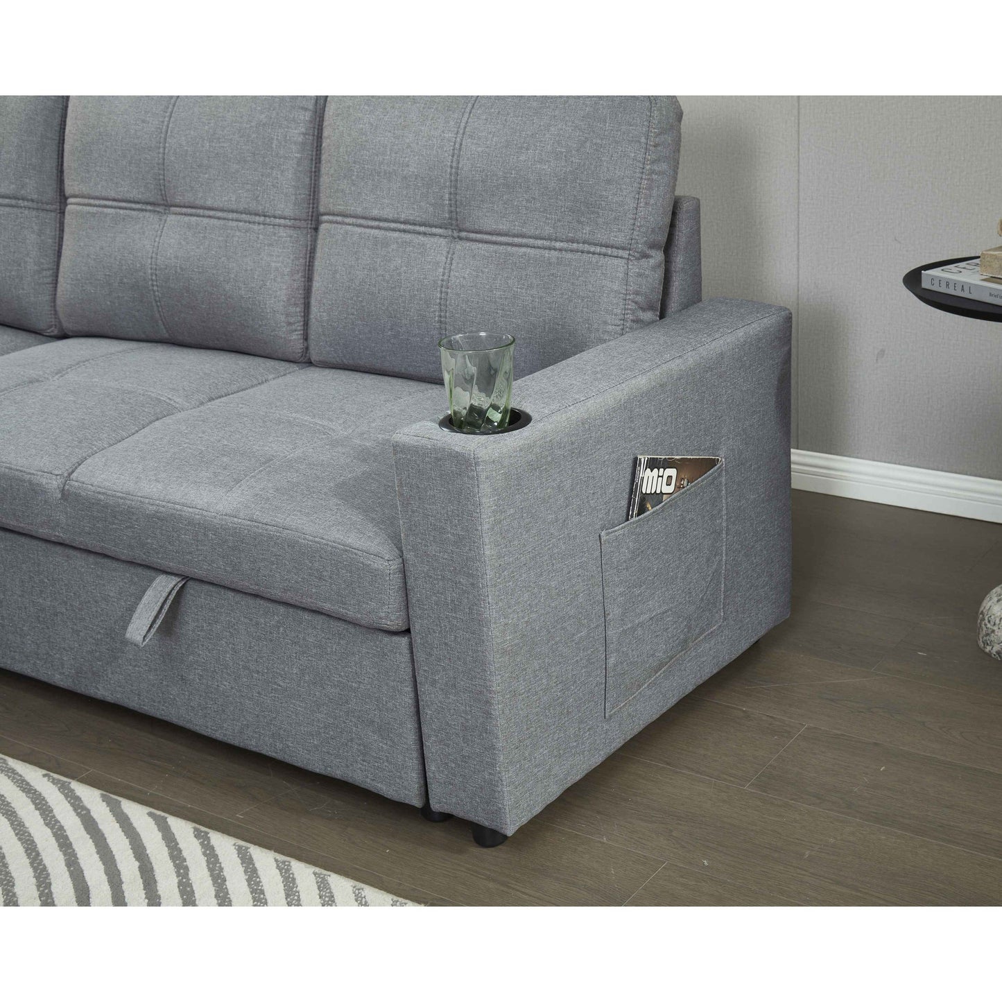 Canapé sectionnel en lin, chaise longue réversible avec lit gigogne