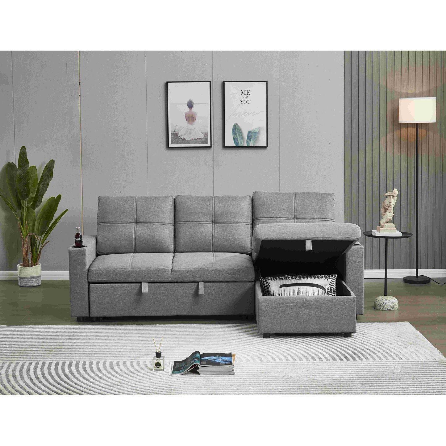 Canapé sectionnel en lin, chaise longue réversible avec lit gigogne