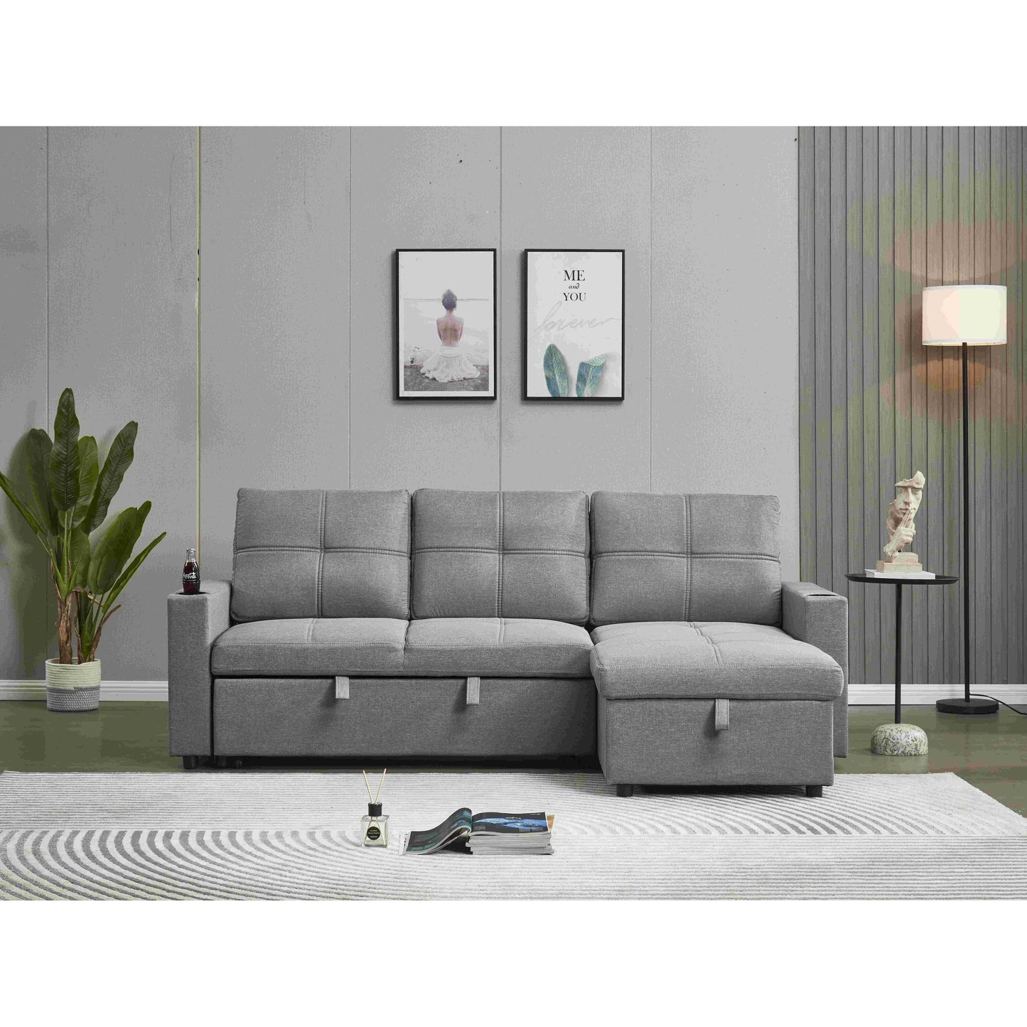 Canapé sectionnel en lin, chaise longue réversible avec lit gigogne