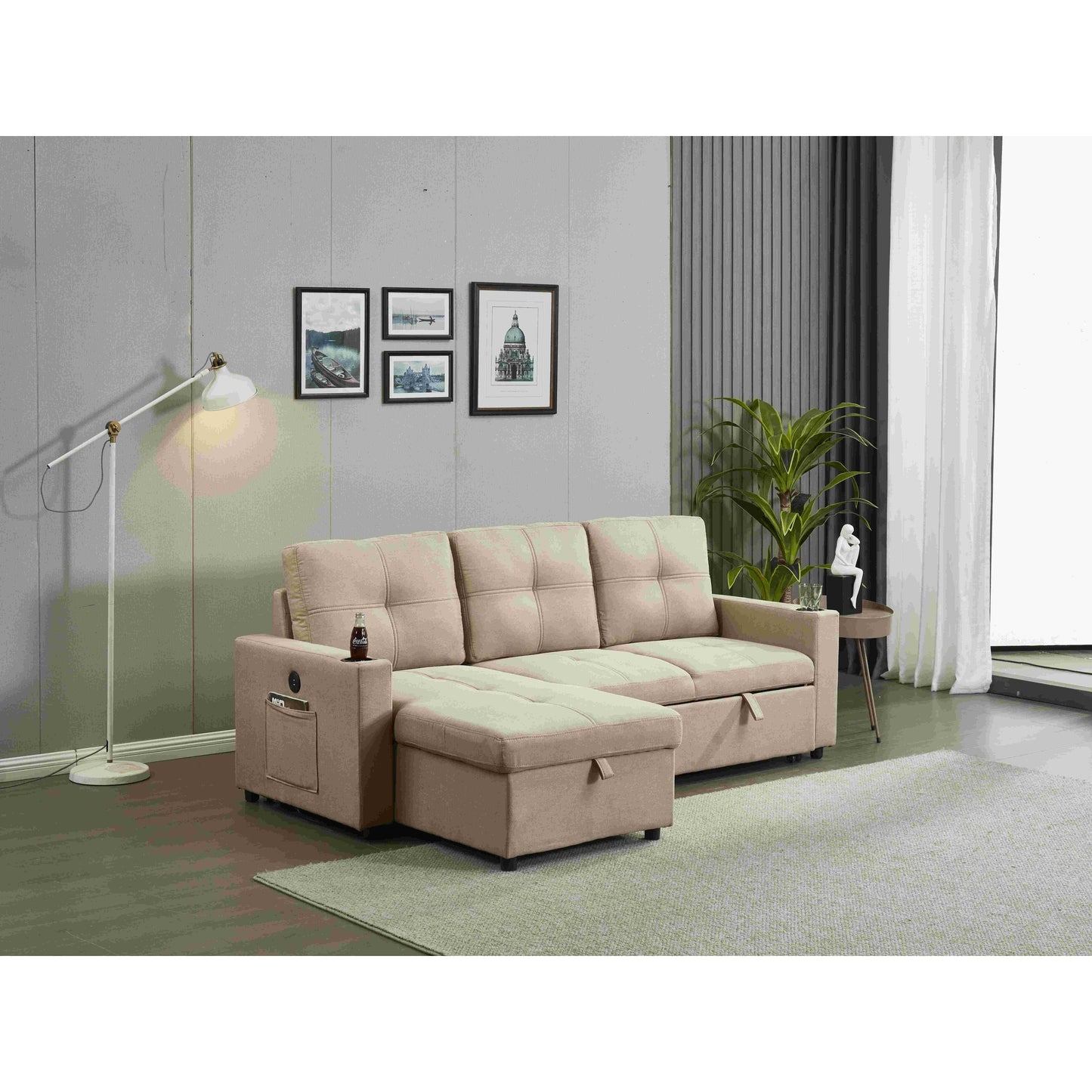 Canapé sectionnel en lin, chaise longue réversible avec lit gigogne