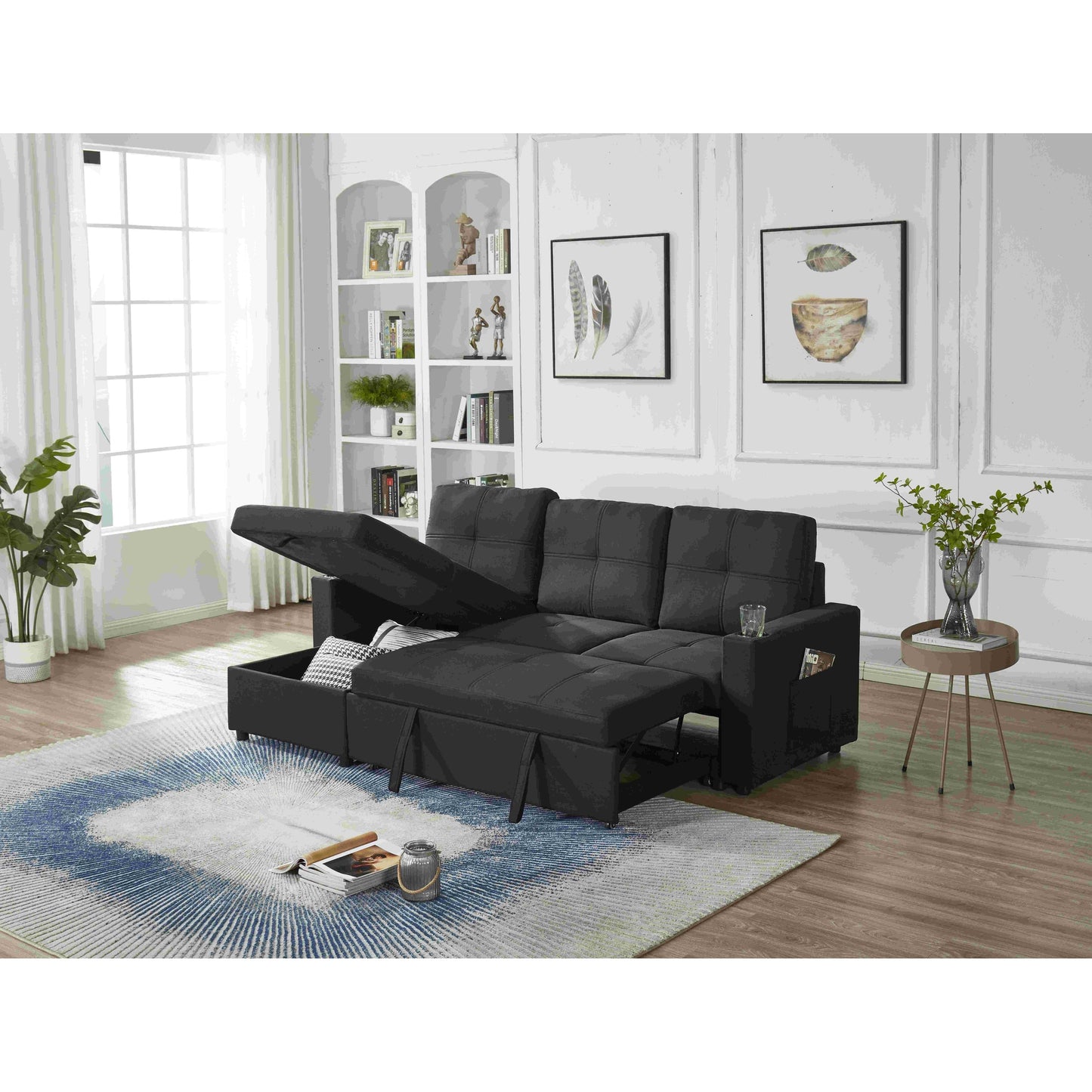 Canapé sectionnel en lin, chaise longue réversible avec lit gigogne