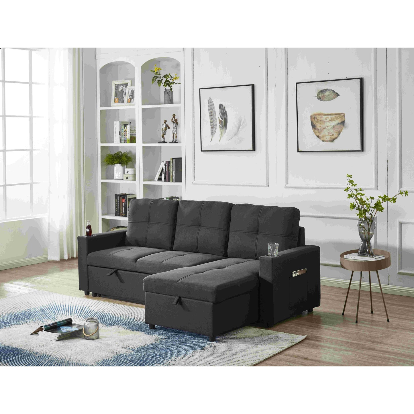 Canapé sectionnel en lin, chaise longue réversible avec lit gigogne