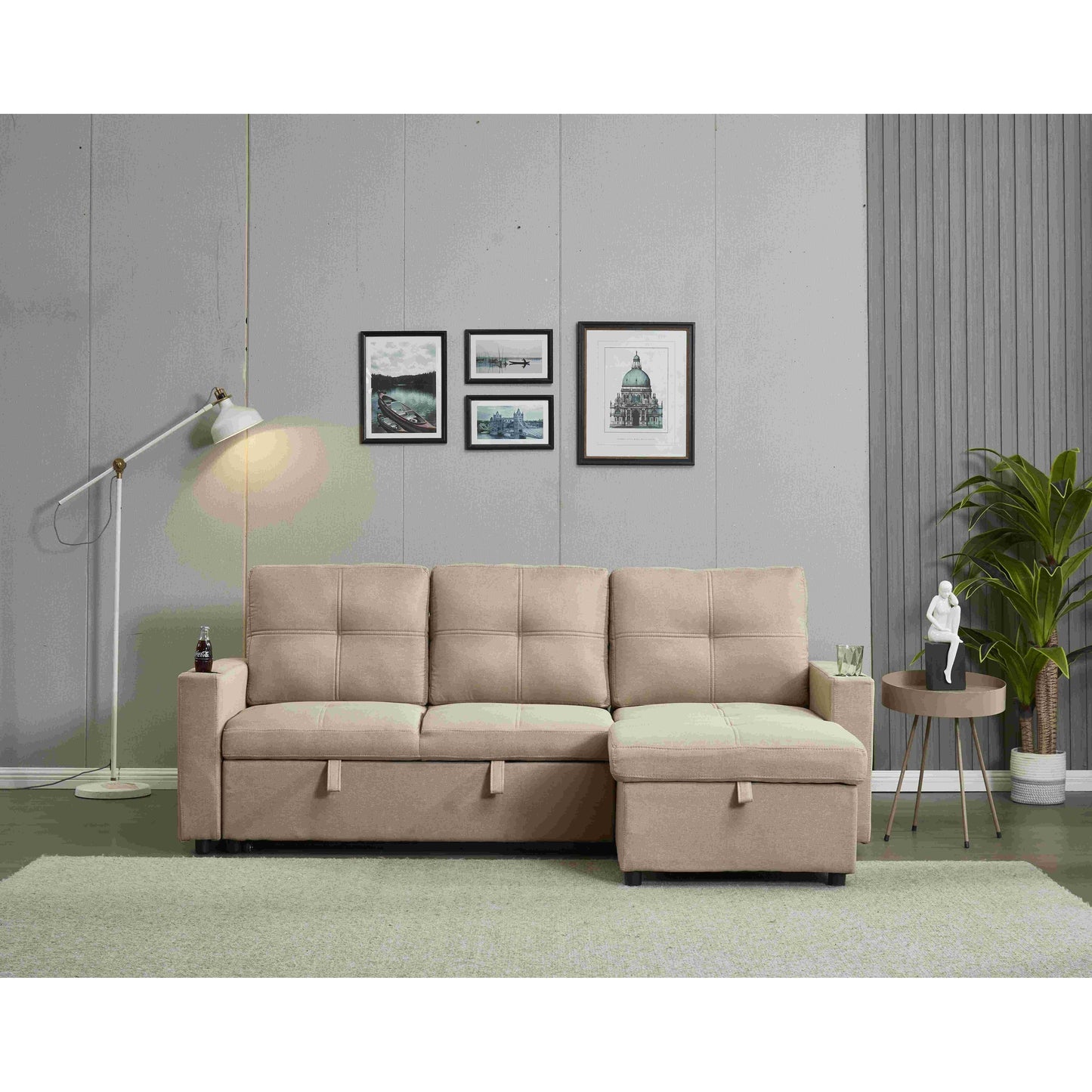 Canapé sectionnel en lin, chaise longue réversible avec lit gigogne