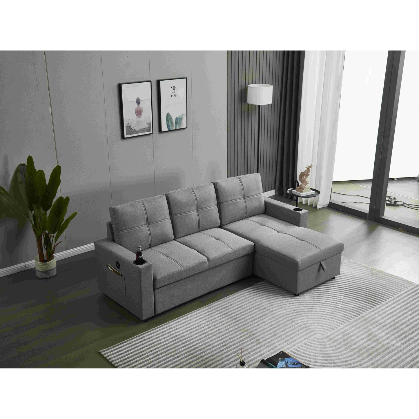 Canapé sectionnel en lin, chaise longue réversible avec lit gigogne