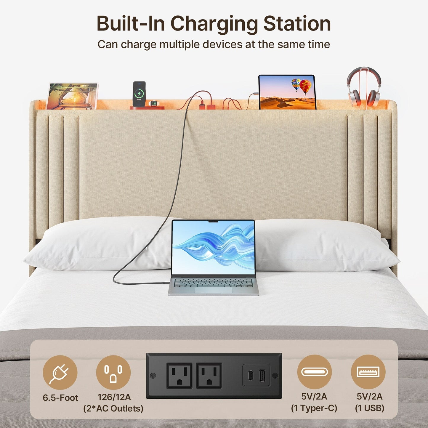 Lit Queen/Full à tête de lit capitonnée à canaux verticaux et dossier à oreilles