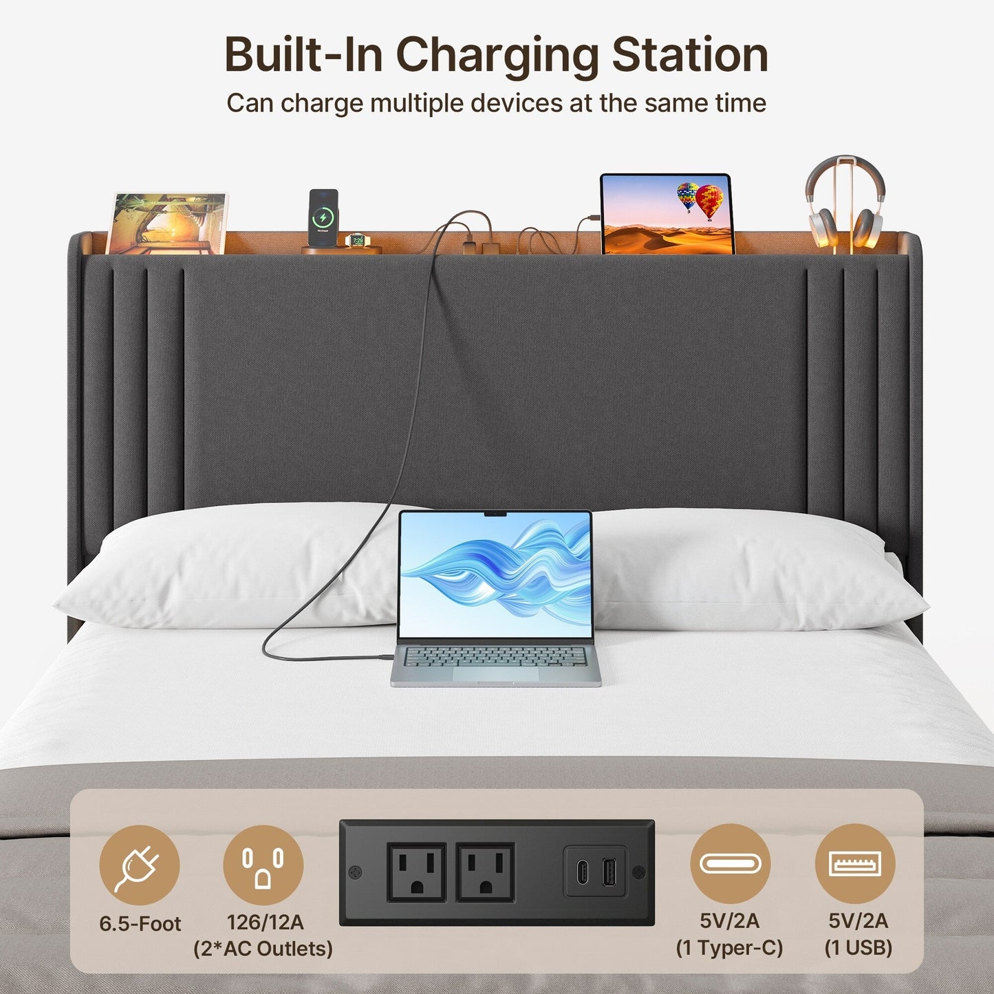 Lit Queen/Full à tête de lit capitonnée à canaux verticaux et dossier à oreilles