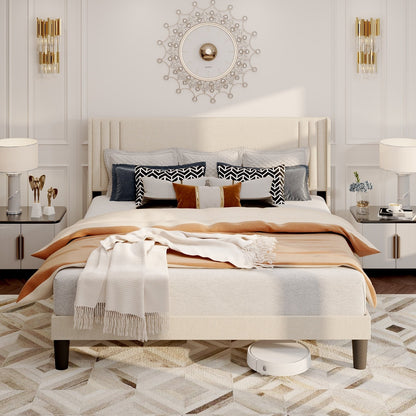 Lit Queen/Full à tête de lit capitonnée à canaux verticaux et dossier à oreilles