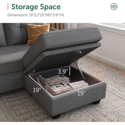 Canapé d'angle réversible en forme de L, convertible, 4 places, gris foncé, idéal pour appartement.