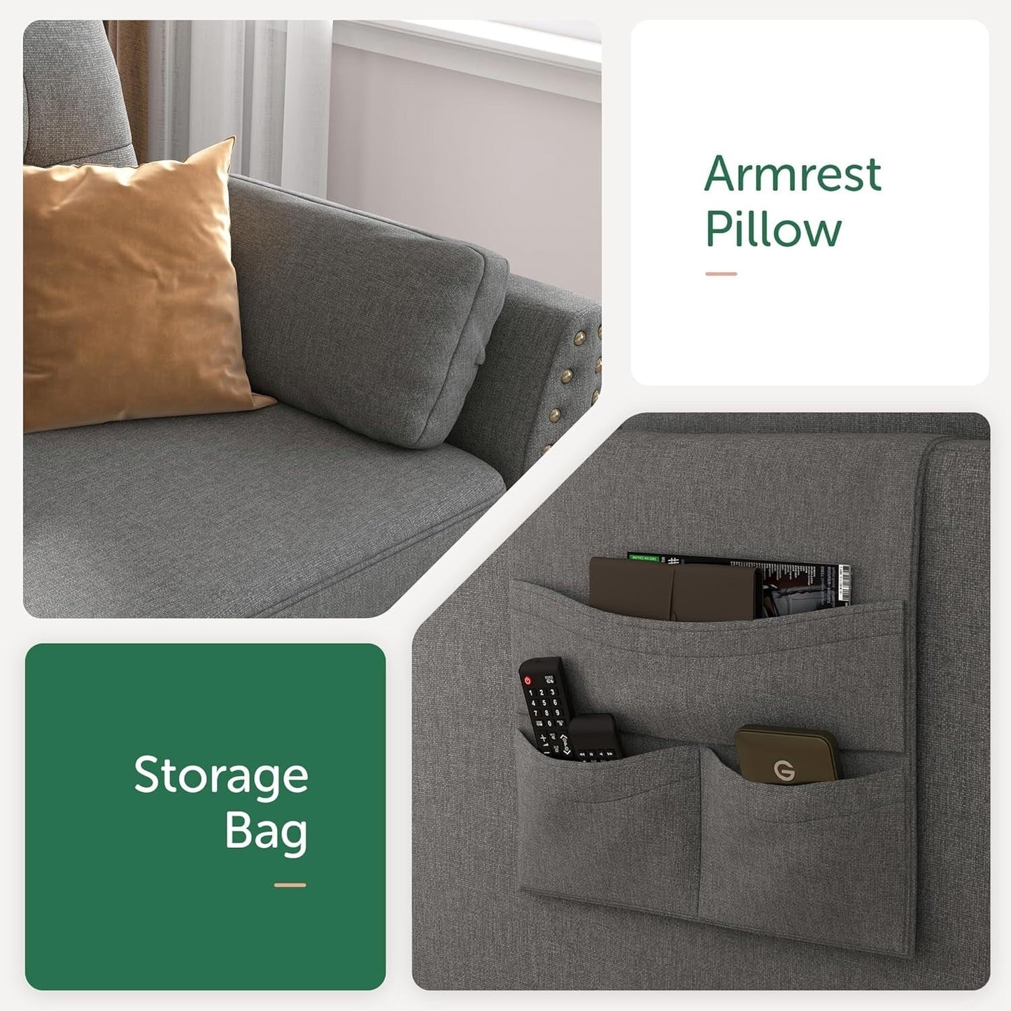 Canapé d'angle réversible en forme de L, convertible, 4 places, gris foncé, idéal pour appartement.