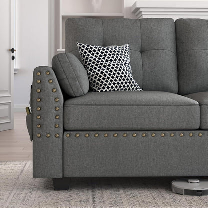 Canapé d'angle réversible en forme de L, convertible, 4 places, gris foncé, idéal pour appartement.